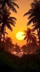 Tropical palm trees at sunset with vibrant golden sky