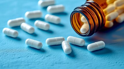 Scattered white capsules near amber bottle on blue background