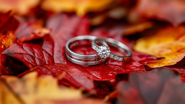 Horizontal wedding rings photo on red and yellow leaves