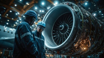 Engine maintenance action by technicians aerospace facility photography industrial environment close-up perspective engineering concept
