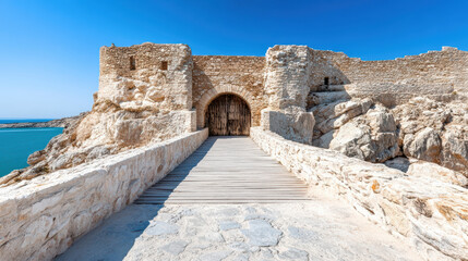 Ancient fortress with wooden drawbridge and rocky surroundings, overlooking sea
