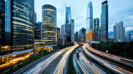 Fototapeta premium Modern city skyline with skyscrapers and busy traffic dusk, showcasing urban life