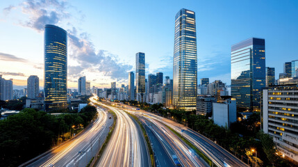 Urban skyline at dusk with illuminated skyscrapers and busy traffic
