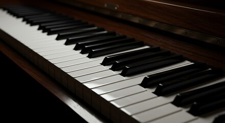 Naklejka premium Awaiting the Melody: Softly Lit Keys of a Classic Wooden Piano