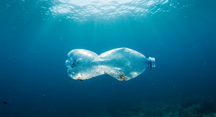 Fototapeta premium A Crushed Plastic Bottle Drifts Like a Ghostly Fish in Sunlit Ocean Waters