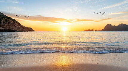 Obraz premium Breathtaking sunset over tranquil sea with birds flying, creating serene atmosphere