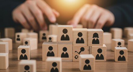 Conceptual image showcasing workforce selection, leadership, and recruitment. Focus on wooden blocks with people icons. Person's hands at top