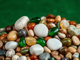 Colorful Gems on Green: A close-up captures a vibrant assortment of precious gemstones arranged on a rich green surface, their multifaceted surfaces reflecting the ambient light