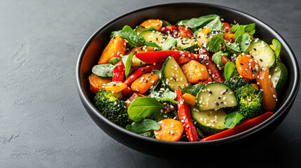 Fresh stir fried vegetables with sesame seeds in black bowl, vibrant and healthy