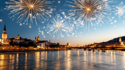 Celebration fireworks illuminate night sky over river beside historic city