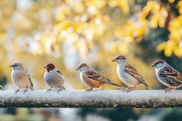 Colorful birds perched on a railing in a serene garden during autumn