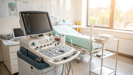 Ultrasound machine with monitor and medical tools in bright modern hospital room with bed near window perfect for healthcare visuals, diagnostics advertising, and clinical treatment concepts