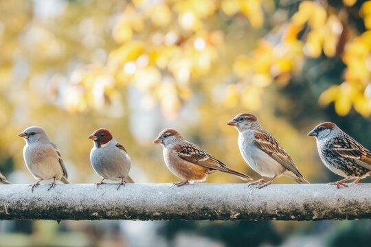 Colorful birds perched on a railing in a serene garden during autumn