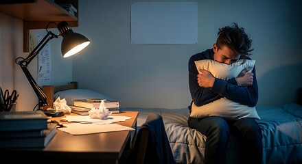 Teenager feeling sad and lonely in their bedroom at night