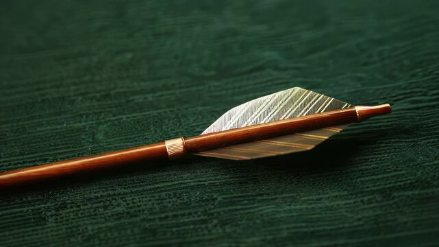 A wooden arrow with a metal tip on a green surface, great for outdoor or hunting themes