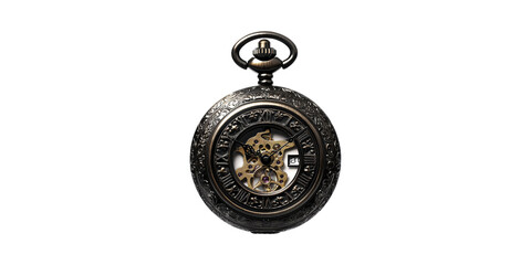 Antique Pocket Watch With Intricate Gears And Roman Numerals. Vintage Timepiece Symbolizing Elegance And Craftsmanship Isolated On Transparent Background