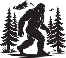 Obraz premium Bigfoot silhouette walks through forest mountains mystery creature