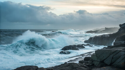 Powerful ocean waves crashing against rocky coastline under dramatic cloudy sky with soft evening light perfect for travel visuals, nature backgrounds, and climate change awareness concepts