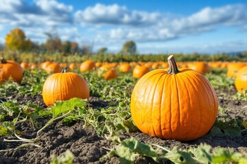Bright orange pumpkins scattered across a sunny autumn field in rural landscape