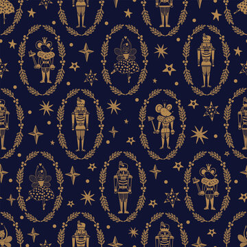 Christmas gold vector Nutcracker seamless  pattern.  Can be used for wallpaper, pattern fills, web page background, surface textures.
