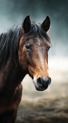 Beautiful brown horse standing in a misty landscape at dawn, showcasing its calm demeanor and natural beauty