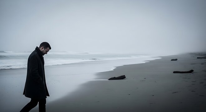 Man walking alone on a desolate beach in overcast weather