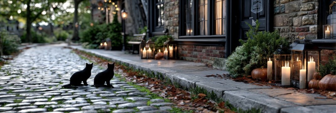 Dos gatos negros observan la hermosa decoraci&oacute;n de Halloween en una tranquila calle adoquinada iluminada por velas