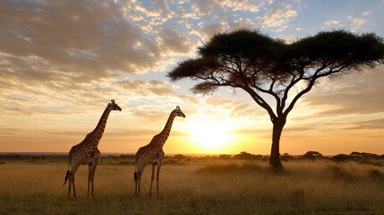 Giraffes standing near tall tree during sunset, creating serene atmosphere in savannah