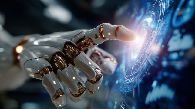 Cybernetic Touch: A futuristic robotic hand, rendered with intricate detail, gently touches a swirling vortex of energy.