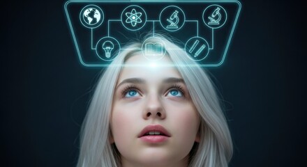 Woman with light hair thinking about education, science and knowledge. Head full of ideas for learning and creativity.