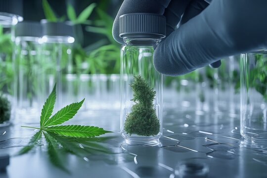 Pieces of conorla in a glass flask, in the hand of a scientist. Generative AI