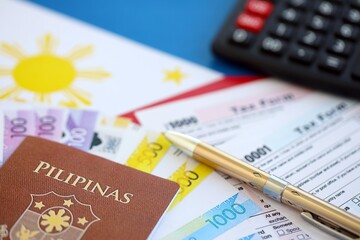 Philippines peso money bills and calculator with tax form on flag. Taxation and accounting concept