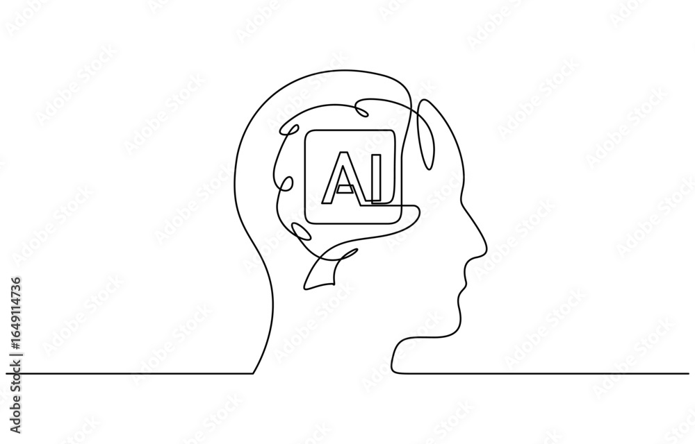 Wall mural continuous line drawing of head artificial intelligence technology robot brain vector illustration. 