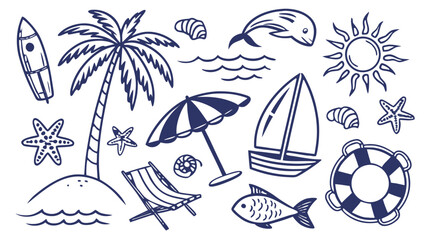 Obraz premium Hand-Drawn Summer Beach Vector Set with Palm Trees, Waves, Surfboards, Tropical Icons, and Vacation Elements