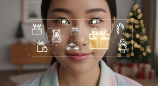 A young asian woman with a bright gift icon reflected in her eye. Interactive shopping experience concept for holiday season.
