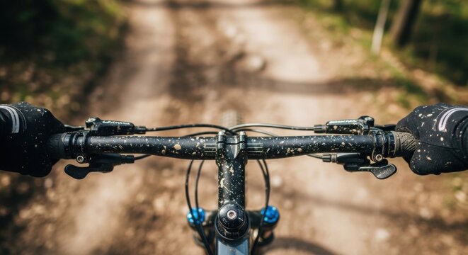 First person view of mountain biking on a dirt trail through a forest
