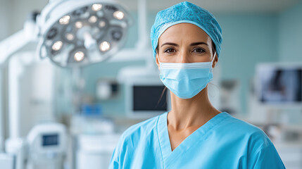 Healthcare professional wearing surgical mask and cap medical environment, exuding confidence