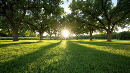 Obraz premium Sunlight shining through trees creates serene atmosphere in lush green field