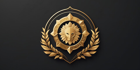 Gold emblem with laurel wreath and shield design on black background