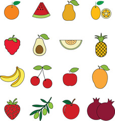 Fruits and icon set. Containing clipart vector illustration set of Apple, Orange, Peach, Mango, Pear, mango, watermelon, strawberry ,cherry, melon, and more. Vector with transparent background.