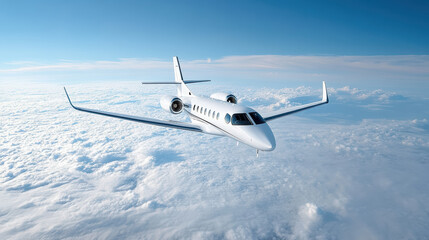 Sleek private jet soaring above fluffy clouds in clear blue sky, showcasing luxury travel