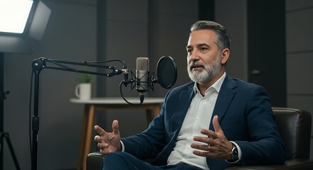 Distinguished expert with grey beard passionately speaking during a podcast recording.