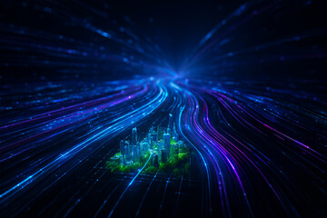 Abstract blue and purple light trails in a dark futuristic tunnel