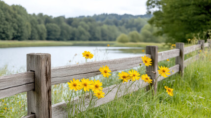 Wildflowers bloom vibrantly along rustic wooden fence by serene lake