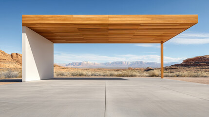 Modern architectural structure in desert landscape with mountains in background