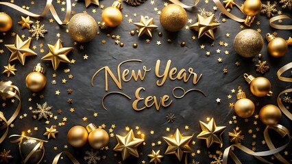 New year eve celebration with gold decorations, glitter, and confetti on a dark background