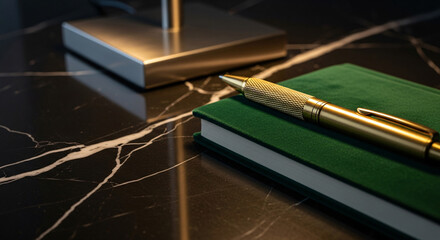 Elegant close-up of a luxury gold pen on a green velvet journal, set on a polished black marble executive desk. A sophisticated and atmospheric scene representing business, success, wealth