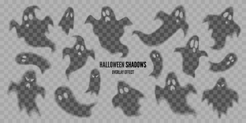 Set of Halloween ghost shadows, overlay effect. Collection of transparent scary creatures, spooky faces, silhouettes of monsters, spirits illustrations. Isolated vector decoration elements.