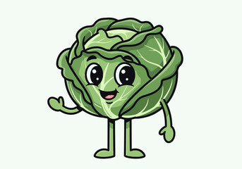 A cheerful cartoon cabbage character waves hello, showcasing its vibrant green leaves and adorable features.
