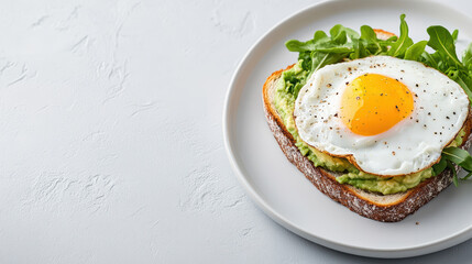 Creamy avocado toast topped with perfectly poached egg, garnished with fresh greens
